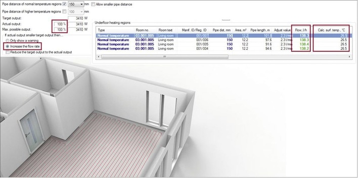 Data Design System: Bei der Berechnung von Fußbodenheizungen erhält der Anwender zusätzliche Möglichkeiten (hier englische Version).