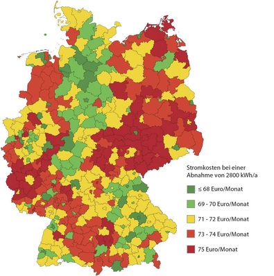 Abb. 1 Atlas für Strompreise auf der Basis des günstigsten Stromtarifs des lokalen ­Stromanbieters bei einem Strombezug von 2800 kWh/a. Tarife mit Kaution, Vorkasse und einmaligem Bonus ­wurden nicht berücksichtigt.