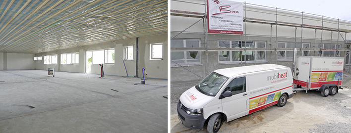 



1
 Blick in den Rohbau des Schulungszentrums der Industrievertretung IVT Otto Throm. Gleich im Anschluss an die 7-tägige Liegezeit des Calciumsulfat-Estrichs konnte die mobile Heizzentrale MH150F mit der Estrichtrocknung beginnen. Das Heizmobil ist wegen seiner geringen Stützlast auch im abgehängten Zustand auf Baustellen gut zu bewegen. 
