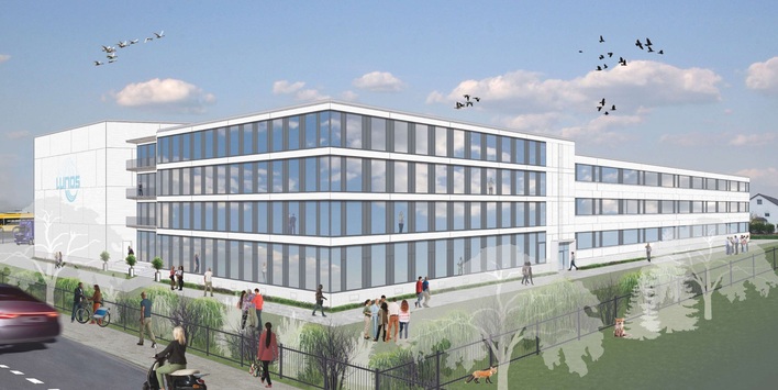 Visualisierung des Lunos-Neubaus in Falkensee. Ergänzend zum Hochregallager erhält der Produktionsbereich eine Glasfassade und wird so von natürlichem Licht durchflutet.