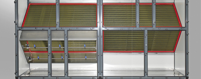 



1
  Blick auf die Anordnung der nacheinander platzierten Platten-Wärmeübertrager im Gegenstrom in einem RLT-Gerät System CrossXflow by Howatherm zur Kühlung von Rechenzentren. 
