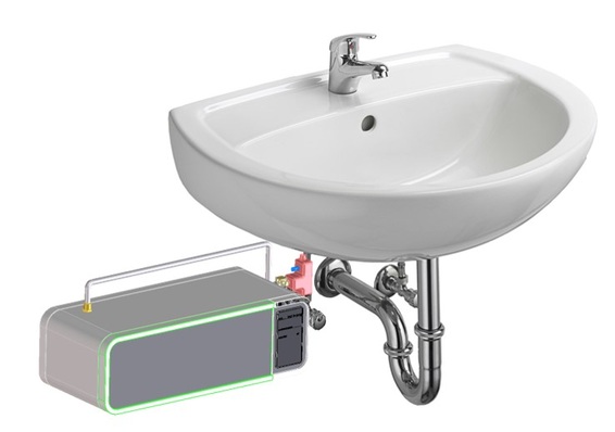 BlueLab-Messsystem unter einem Waschbecken.